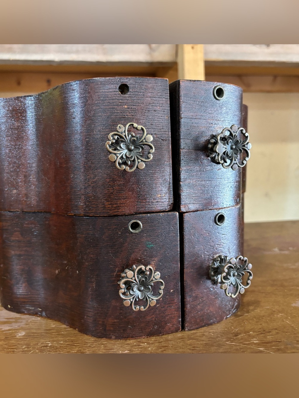 Set of 4 beautifully curved vintage sewing machine cabinet drawers with notions
